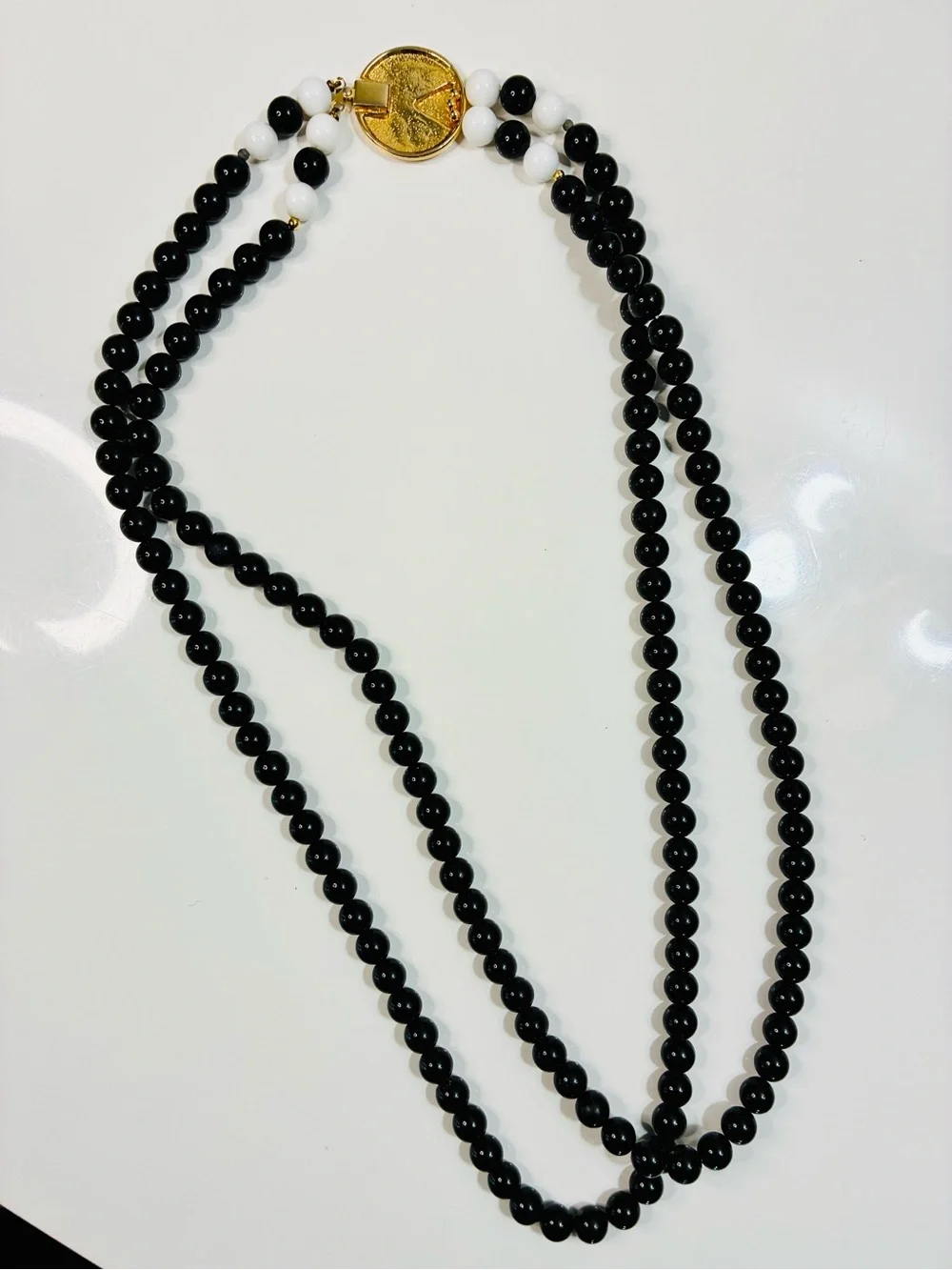 VTG 80s Black and White Beaded Layered Necklace with Gold Enamel Security Clasp